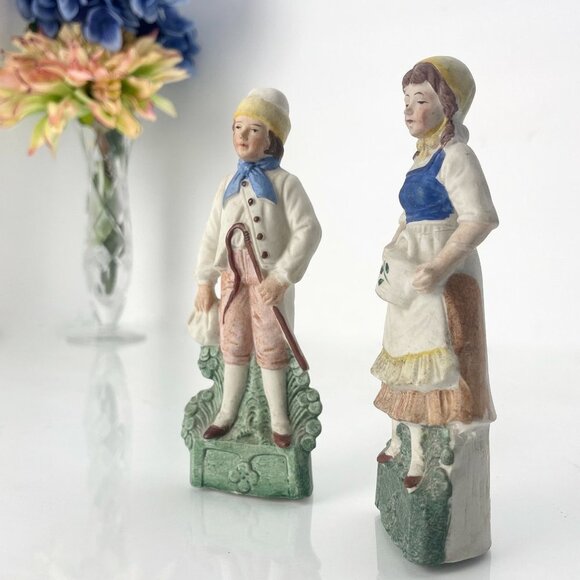 ANTIQUE German Bisque Figurines | Hand Painted Porcelain Farmers Couple | - Picture 6 of 8